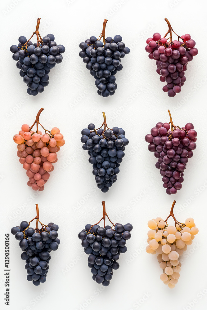 Poster Minimal geometric layout of grape clusters, each in a different hue, organized in a grid pattern,