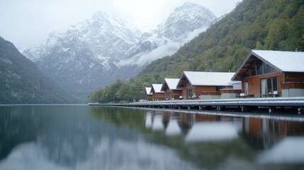 Fototapeta premium Lakeside cabins, snowy mountains, calm lake, autumn foliage, travel brochure