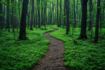 Obraz premium A winding path through the green lush forest and trees