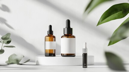 A minimalist arrangement of amber glass bottles with droppers, surrounded by green leaves, showcasing natural skincare products.