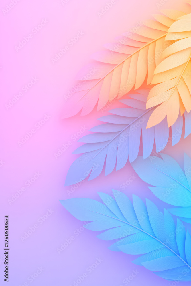 Poster Dreamlike composition of overlapping palm leaves arranged in a spiraling pattern, subtle neon