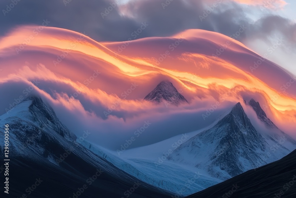 Poster stunning timelapse captures sunset and clouds enveloping majestic mountain peaks, time-lapse of suns