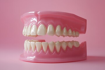 Obraz premium Pink dental model with white teeth on pastel background