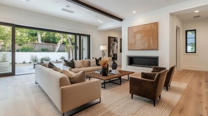 Modern Living Room Design Featuring Neutral Tones and Elegant Furnishings in a Spacious Home Interior