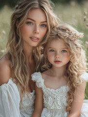 Mother and daughter wearing white dresses are embracing in a field