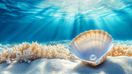 White mollusk shell with pearl on the bottom of a transparent ocean or blue sea. Banner template design for advertising tourism, vacation and travel to the sea with space for text