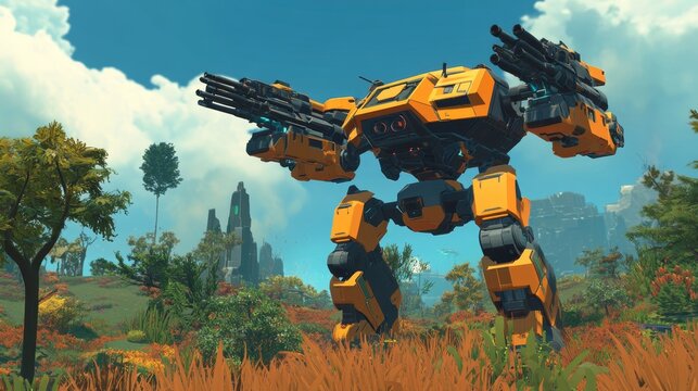Massive Yellow Mech in a Lush Landscape