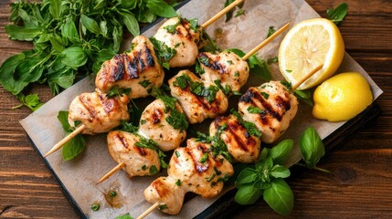 Grilled Chicken Skewers with Fresh Herbs and Lemon Slices