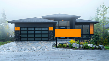 Naklejka premium Sleek Flat Roof Suburban Home with Black Garage and Stone Driveway on Foggy Day.