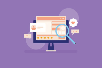 Customer feedback concept, Customer sharing feedback online, Search engine customer review.