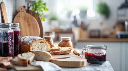 Fototapeta premium Warm Homey Kitchen Scene with Freshly Baked Bread and Homemade Jam on Counter