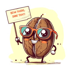 Funny Cute Whimsical Cartoon Coffee Bean with Glasses "Bean There Done That" Sign AI Coffee Art Illustration Image
