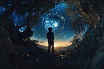 Obraz premium Engaging in a virtual reality experience of self-discovery in a cosmic landscape at sunset, A 360-degree virtual reality experience of being trapped alone in the fiery depths of hell