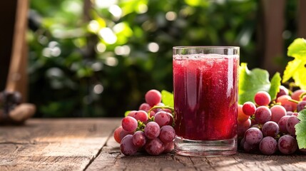 Refreshing Glass of Grape Juice Surrounded by Fresh Grapes on Wood