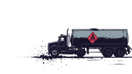 A stylized vector illustration of a tanker truck in motion against a white background. The truck is depicted in shades of black and grey, with a motion blur effect suggesting movement.  The