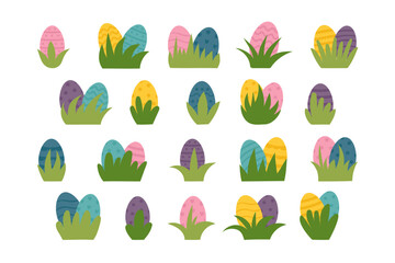 Set of Easter eggs in the grass isolated on white background. Easter eggs cliparts. Vector hand drawn collection.