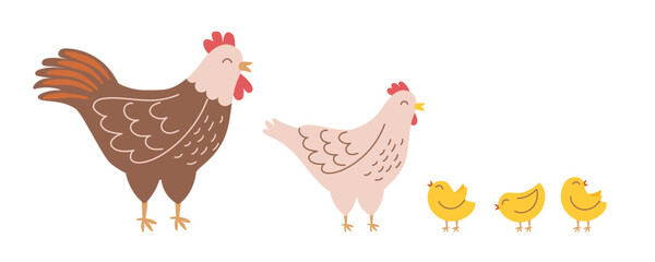 Cliparts of chicken family - rooster, hen and chickens isolated on white. Farm animals. Vector hand drawn illustration.