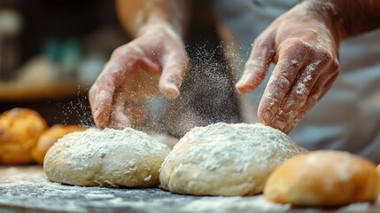 Fototapeta premium Baker sprinkling flour over fresh dough for baking bread
