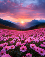 Fototapeta premium Majestic mountain skyline framing a lush meadow in full bloom, delicate sunset glow,