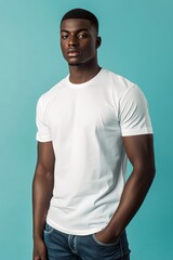 Fototapeta premium A young man stands confidently in a white t-shirt against a solid turquoise background, showcasing a casual and stylish look.