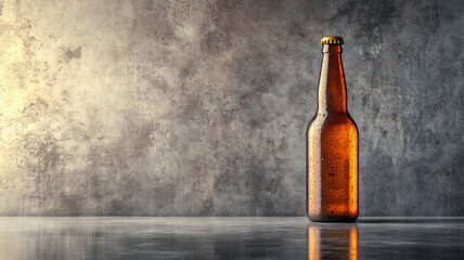 Beer bottle on reflective surface with textured background.