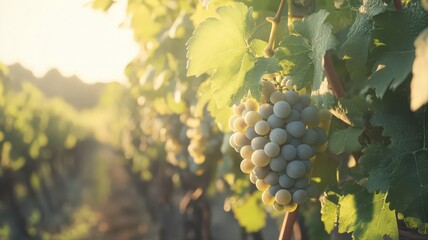 Ripe White Grapes on Vine in Golden Sunlight