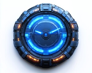 A futuristic blue digital clock icon with glowing neon edges, centered on white 