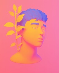 Serene Portrait: A colorful surreal bust with plant growth embodying peace and growth in a vibrant stylized setting Concept art
