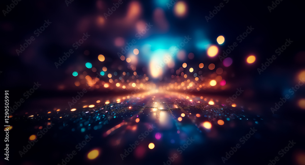 Fototapete Blurred perspective with bokeh lights in orange and blue hues creates an abstract and dreamy scene, suggesting a path illuminated in the dark.