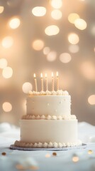 A two tiered white cake with lighted candles on top