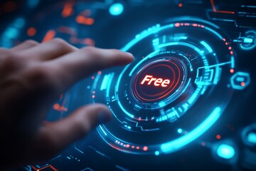 Futuristic touchscreen interface with free button and digital graphics