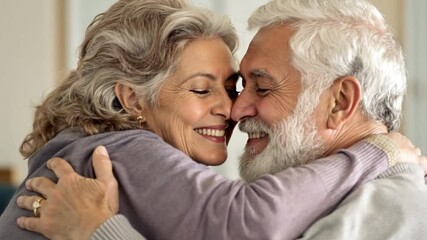 Retiree lady hugging man, loving relations in long marriage, closeness and care