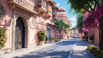 Fototapeta premium Serene Street Scene with Stunning Architecture and Vibrant Flora