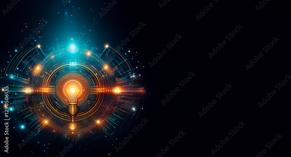 Fototapete Abstract glowing circular design on black backdrop, featuring a central light source and circuit-like patterns in blue and orange, suggesting technology and innovation.