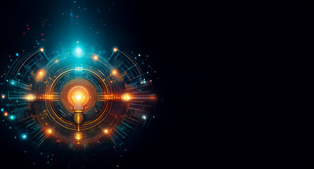 Abstract glowing circular design on black backdrop, featuring a central light source and circuit-like patterns in blue and orange, suggesting technology and innovation.
