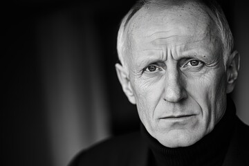 Obraz premium Serious Senior Man in Black Turtleneck Black and White Portrait