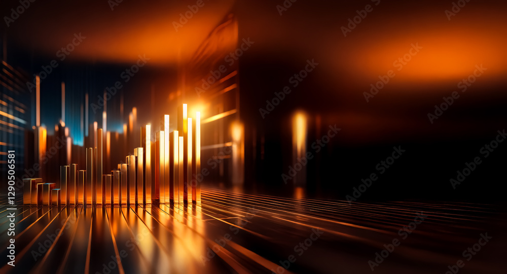 Leinwandbilder abstract cityscape at night with illuminated golden bars resembling buildings. reflective surface an