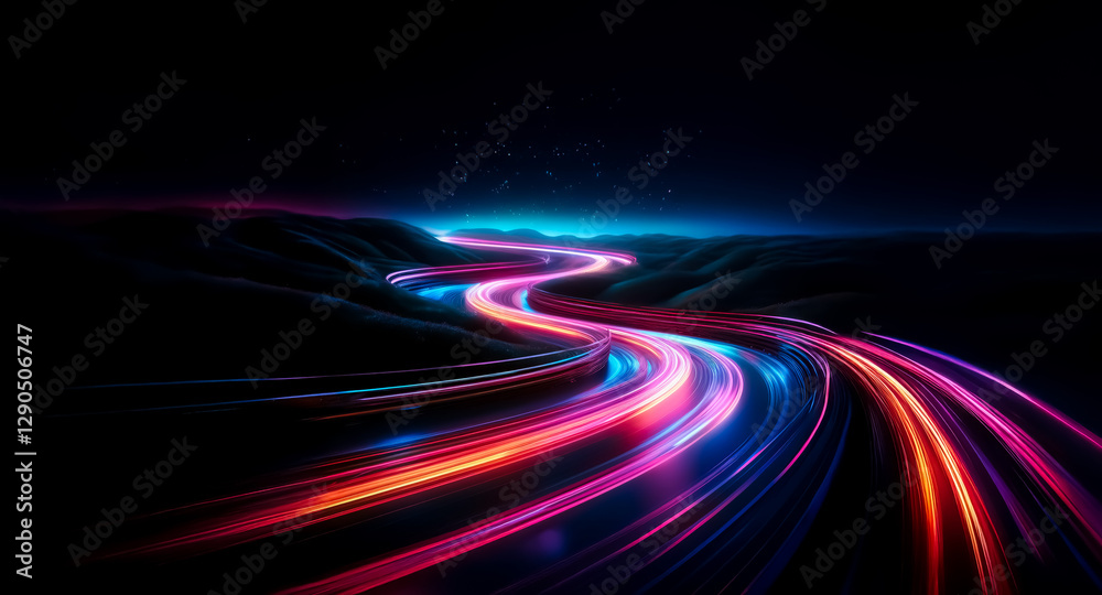 Poster Glowing trails wind through dark hills under a star-filled night. Vibrant colors illuminate the scene, creating a sense of motion and speed.