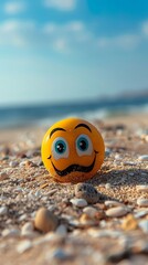 Naklejka premium Happy Smiley Face Beach Ball on Sunny Sandy Shore Summer Fun