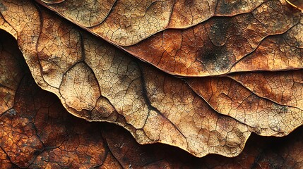 Close-up View of Textured Dried Leaves in Natural Earthy Tones and Patterns