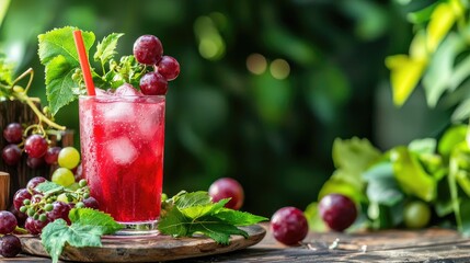 Refreshing Summer Drink with Grapes and Ice in Natural Setting