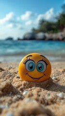 Naklejka premium Happy Smiley Face on Tropical Beach Sand Summer Vacation Fun Ocean View