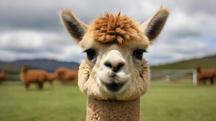 Obraz premium Close up of alpaca in the green field