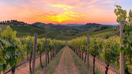 Fototapeta premium Vineyard Sunset Landscape, Italy, Majestic Sunset Over Hills