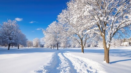 Obraz premium Serene Winter Landscape with Snow-Covered Trees and Blue Sky