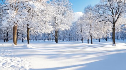 Fototapeta premium Snow Covered Landscape with Trees and Blue Sky in Winter Season