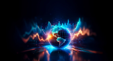 Digital globe encircled by vibrant blue and orange waves against a dark backdrop. A futuristic representation of global connectivity and dynamic energy.