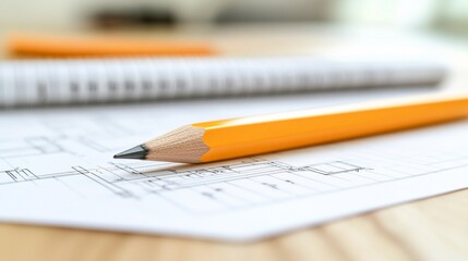 Yellow pencil on architectural blueprints.