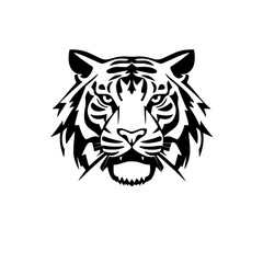 A minimalist vector illustration of a tiger's face, featuring clean lines and a stark, white background.