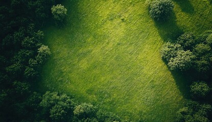 Aerial view of a grassy field with trees, sunlight patterns, and a forest backdrop